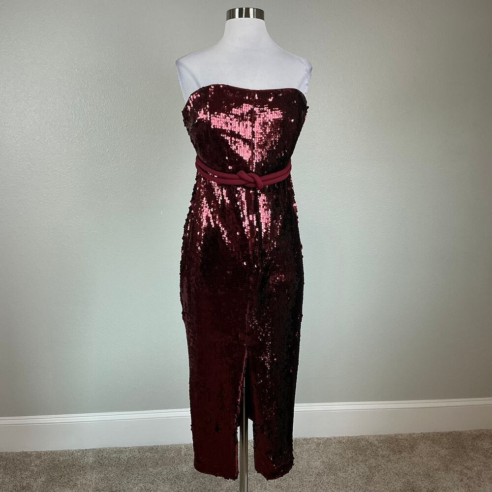 Badgley Mischka Red Cocktail Dress Sequined Strapless Belted Midi Sheath Size 16 - Picture 2 of 10